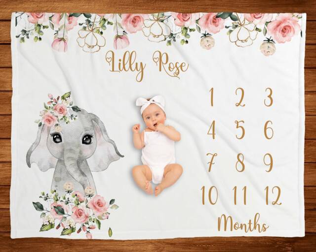 Floral Elephant Milestone Blanket, Baby New Gift, Monthly Photo Age Shower Gift - image 1