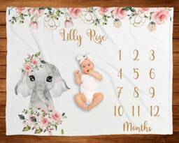 Floral Elephant Milestone Blanket, Baby New Gift, Monthly Photo Age Shower Gift - thumbnail 1