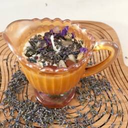 Lavender Scented Soy Candle With Dried Herbs & Gemstones in Amber Iridescent Creamer - thumbnail 3