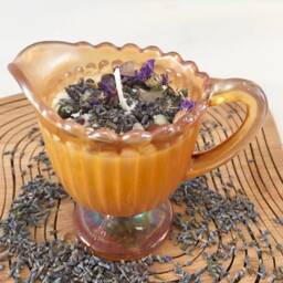 Lavender Scented Soy Candle With Dried Herbs & Gemstones in Amber Iridescent Creamer - thumbnail 2