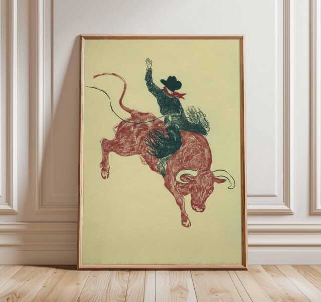 Cowboy Bull Riding Print, Western Rodeo Poster, Vintage Ranch Wall Art, Rustic Decor, Wild West Rider Artwork