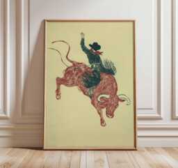 Cowboy Bull Riding Print, Western Rodeo Poster, Vintage Ranch Wall Art, Rustic Decor, Wild West Rider Artwork - thumbnail 1