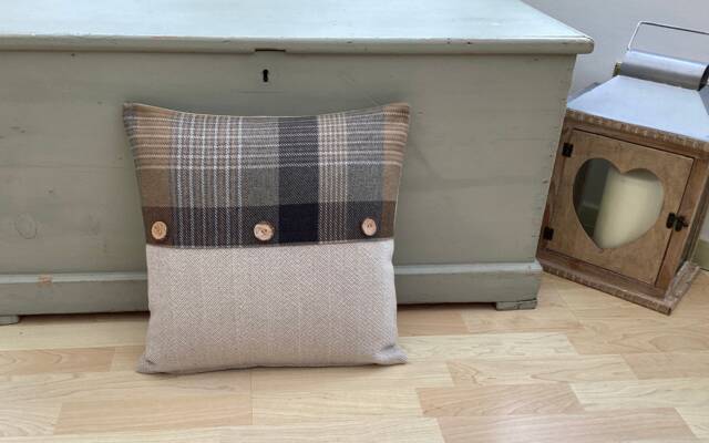 Katrine Tartan Plaid Throw Pillow Cover Ochre Grey Wool Effect With Coconut Buttons - image 1