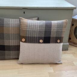 Katrine Tartan Plaid Throw Pillow Cover Ochre Grey Wool Effect With Coconut Buttons - thumbnail 2