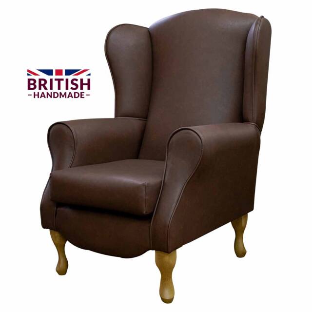 Brown Faux Leather Wingback Armchair Handmade Fireside Accent Chair - image 1