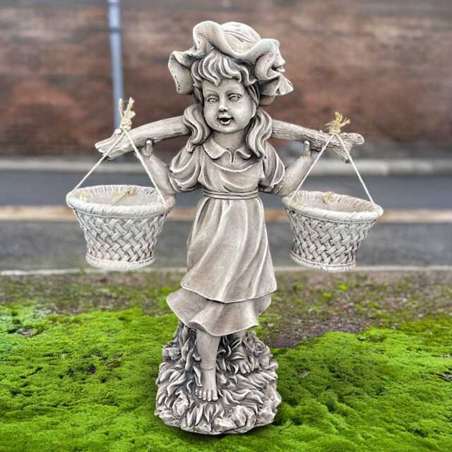 Large Girl With Two Flower Pot Sculpture Cement Planter Statue Stone Dual Plant Art Outdoor Child Decor - image 1
