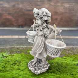 Large Girl With Two Flower Pot Sculpture Cement Planter Statue Stone Dual Plant Art Outdoor Child Decor - thumbnail 3