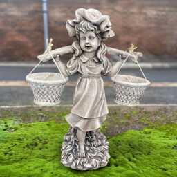 Large Girl With Two Flower Pot Sculpture Cement Planter Statue Stone Dual Plant Art Outdoor Child Decor - thumbnail 1
