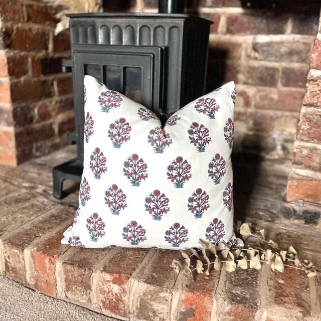 1608. Sarita Red/Blue Block Print - 100% Organic Cotton Cushion Cover - image 1