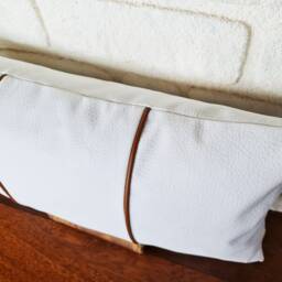 White Faux Leather Pillow Cover Mid-Century Cognac Piping, All Sizes - thumbnail 3
