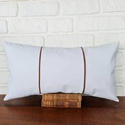 White Faux Leather Pillow Cover Mid-Century Cognac Piping, All Sizes - thumbnail 2