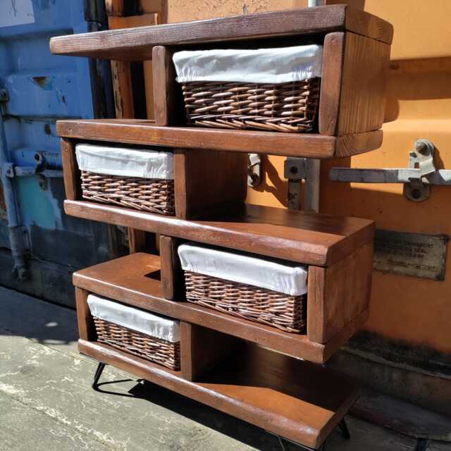 Wooden Storage Unit With Wicker Baskets, Side Table Greek Meander Profile Shape - image 1