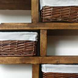 Wooden Storage Unit With Wicker Baskets, Side Table Greek Meander Profile Shape - thumbnail 2