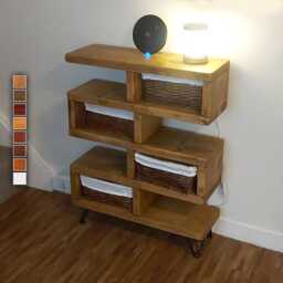 Wooden Storage Unit With Wicker Baskets, Side Table Greek Meander Profile Shape - thumbnail 3
