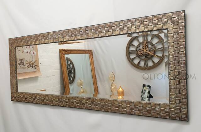 Full Length Wall Mirror Wood Square Mosaic Design Frame Champagne Or Antique Silver Colour Bevelled Edge 132x53cm - 52x21 Inches - image 1