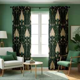 Art Deco Dark Green Curtains, Classic Style Drapes With Cream Floral Pattern, Botanical Window Panels, Custom Made To Measure Curtains