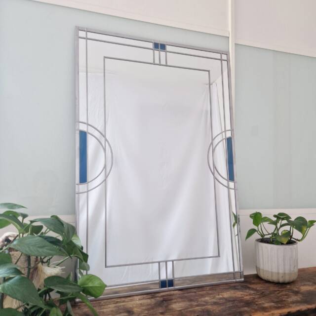 Large 3Ftx2Ft Art Deco Frame Stained Glass Style Mirror. Peacock Blue Accents - image 1