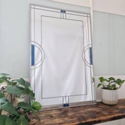 Large 3Ftx2Ft Art Deco Frame Stained Glass Style Mirror. Peacock Blue Accents - thumbnail 2