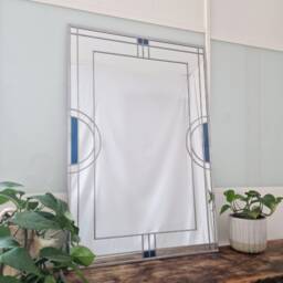 Large 3Ftx2Ft Art Deco Frame Stained Glass Style Mirror. Peacock Blue Accents