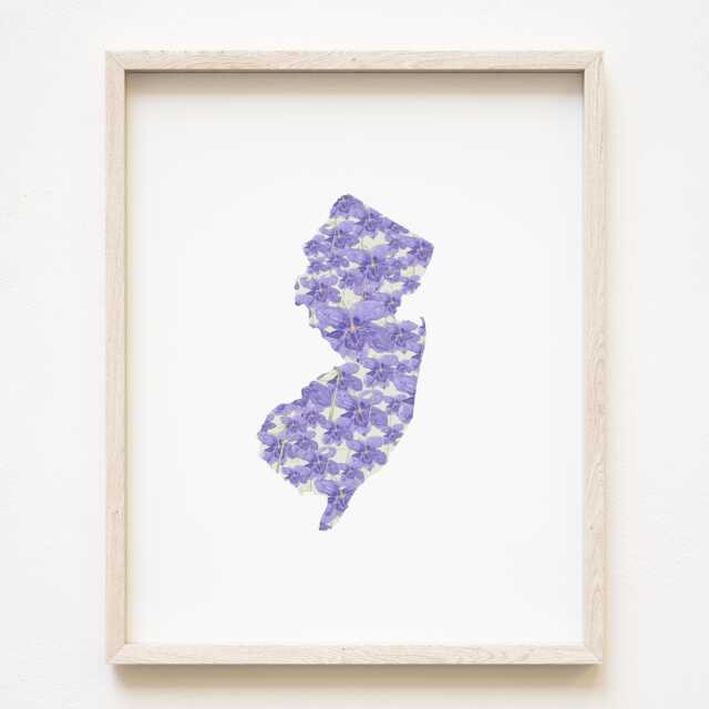 New Jersey State Flower Map Watercolor Violet - Art Print Wall Grad Wedding Anniversary Realtor Moving Gift Midatlantic Northeast - image 1