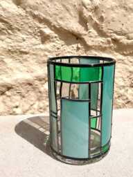 15cm Stained Glass Effect Flower Vase Sea Greens, Art Deco Design - thumbnail 1