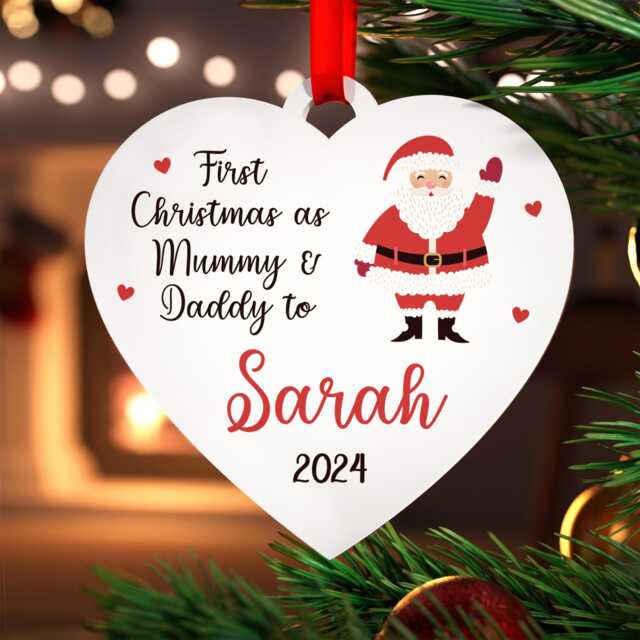 First Christmas As Mum & Dad Decoration - Personalised 1st As Mummy Daddy Baby's Bauble With Red Bag - image 1