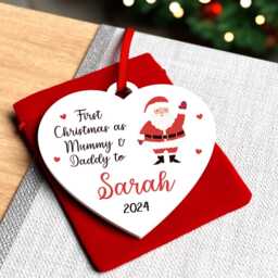 First Christmas As Mum & Dad Decoration - Personalised 1st As Mummy Daddy Baby's Bauble With Red Bag - thumbnail 2