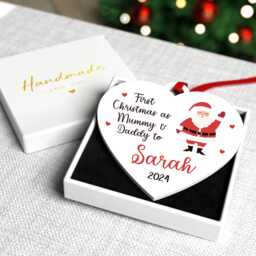 First Christmas As Mum & Dad Decoration - Personalised 1st As Mummy Daddy Baby's Bauble With Red Bag - thumbnail 3