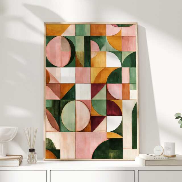 Geometric Abstract Print in Green & Blush - Modern Colour Block Wall Art Mid Century Style Poster Contemporary Home Decor - image 1