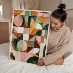 Geometric Abstract Print in Green & Blush - Modern Colour Block Wall Art Mid Century Style Poster Contemporary Home Decor - thumbnail 3