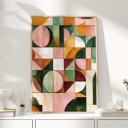 Geometric Abstract Print in Green & Blush - Modern Colour Block Wall Art Mid Century Style Poster Contemporary Home Decor - thumbnail 1