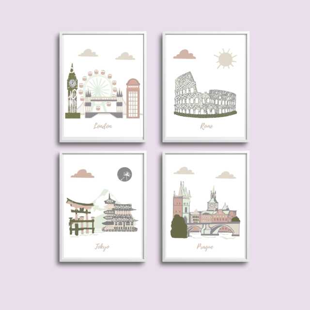 Travel Nursery Art - London, Rome, Tokyo, Prague - Terracotta, Green, Gray, Beige - image 1