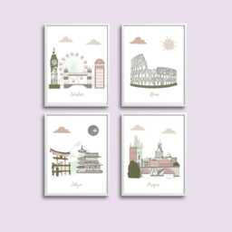 Travel Nursery Art - London, Rome, Tokyo, Prague - Terracotta, Green, Gray, Beige - thumbnail 1
