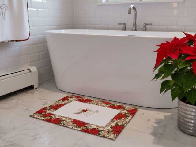 Monogrammed Christmas Bath Mat/Poinsettia Design Holiday Decor - image 1