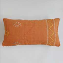Moroccan Cactus Silk Cushion Cover, Handmade Orange Sabra Lumbar Pillow, Boho 24''x12''/60x30 cm - thumbnail 1