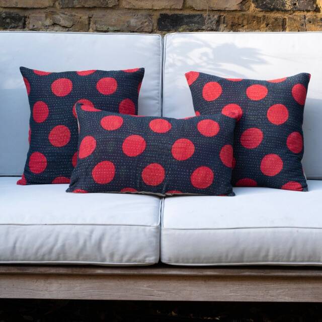 Kantha Cushion Cover - Red Dot On Ink Black 40cm X 40cm/50cm 30cm, Stitched, Decorative Cover, Handmade - image 1