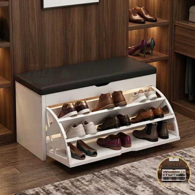 White Shoe Rack Bench With Padded Seat, Modern Entryway Storage Cupboard - image 1