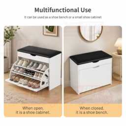 White Shoe Rack Bench With Padded Seat, Modern Entryway Storage Cupboard - thumbnail 4