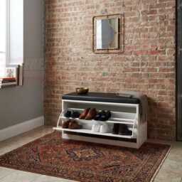 White Shoe Rack Bench With Padded Seat, Modern Entryway Storage Cupboard - thumbnail 2
