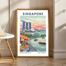 Singapore Marina Bay Sands Print Colorful Gouache Cityscape Art - thumbnail 1
