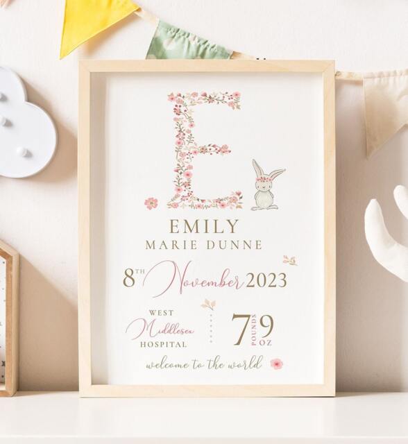 New Baby Girl Gift, Personalised Print For Girls, Gift Girl, Nursery Print Dusky Pink, Girls, Peter Rabbit - image 1