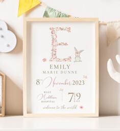New Baby Girl Gift, Personalised Print For Girls, Gift Girl, Nursery Print Dusky Pink, Girls, Peter Rabbit - thumbnail 1