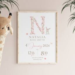 New Baby Girl Gift, Personalised Print For Girls, Gift Girl, Nursery Print Dusky Pink, Girls, Peter Rabbit - thumbnail 3