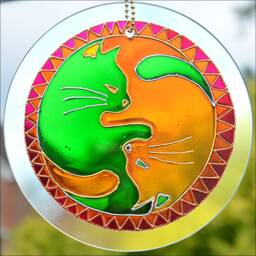 Green Gold Cat Yin Yang Suncatcher, Window Decoration Light Catcher, Couple Feng Shui Art, Sunshine Good Luck Gift, Tai Chi Wall Hanging - thumbnail 4