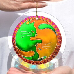 Green Gold Cat Yin Yang Suncatcher, Window Decoration Light Catcher, Couple Feng Shui Art, Sunshine Good Luck Gift, Tai Chi Wall Hanging - thumbnail 3