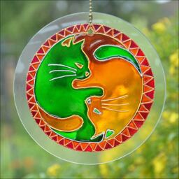 Green Gold Cat Yin Yang Suncatcher, Window Decoration Light Catcher, Couple Feng Shui Art, Sunshine Good Luck Gift, Tai Chi Wall Hanging