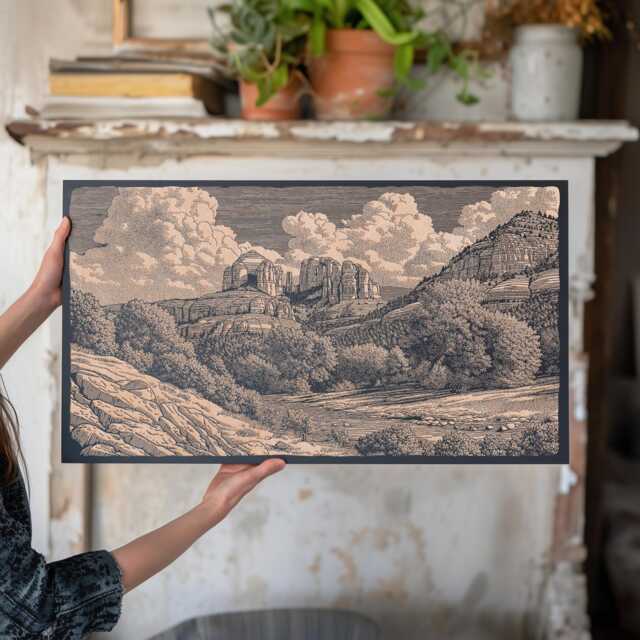 Oak Creek Canyon Cathedral Rock Wall Art - Arizona Landmark, Engraved Wooden Lithograph Illustration, Nature Decor, Sedona Home Decor Print - image 1