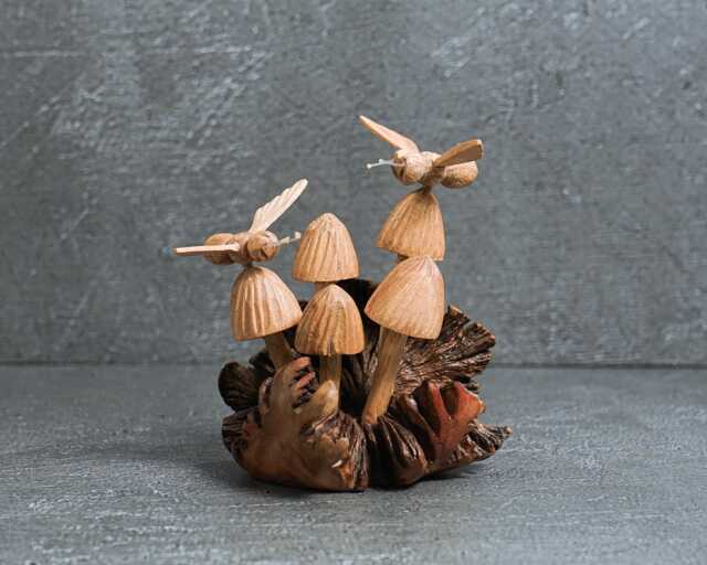 Hand Carved Wooden Mushroom Ornament With Bees Unique Decor 4 - image 1