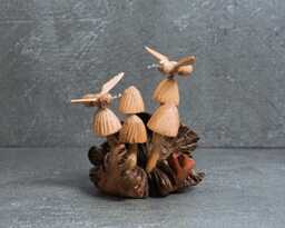 Hand Carved Wooden Mushroom Ornament With Bees Unique Decor 4 - thumbnail 1