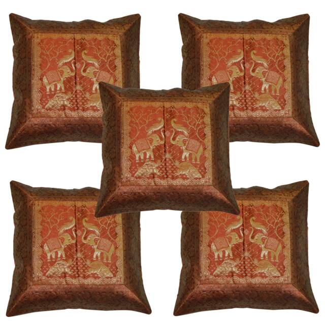 Indian Hand Embroidered Silk Banarsi Cushion Cover Ethnic Decor Pillow Case, Bohemian Sofa Toss Pillow, Traditional Elephant - image 1